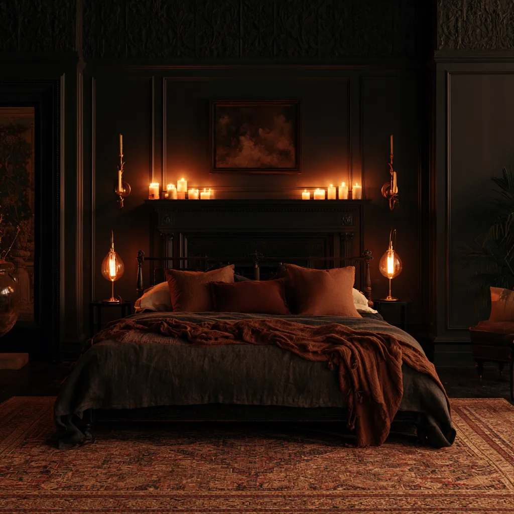dark academia bedroom ideas lighting amber Edison filament antique sconces