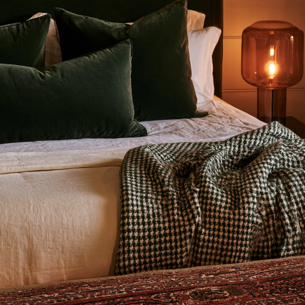 bedroom dark academia style bedding layering velvet and linen detail