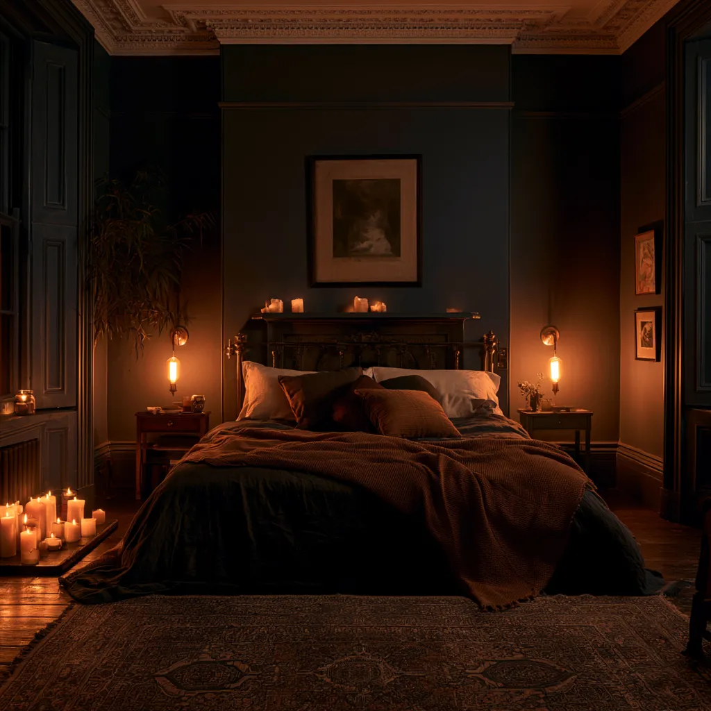 dark academia bedroom lighting Edison lamps brass sconces amber light