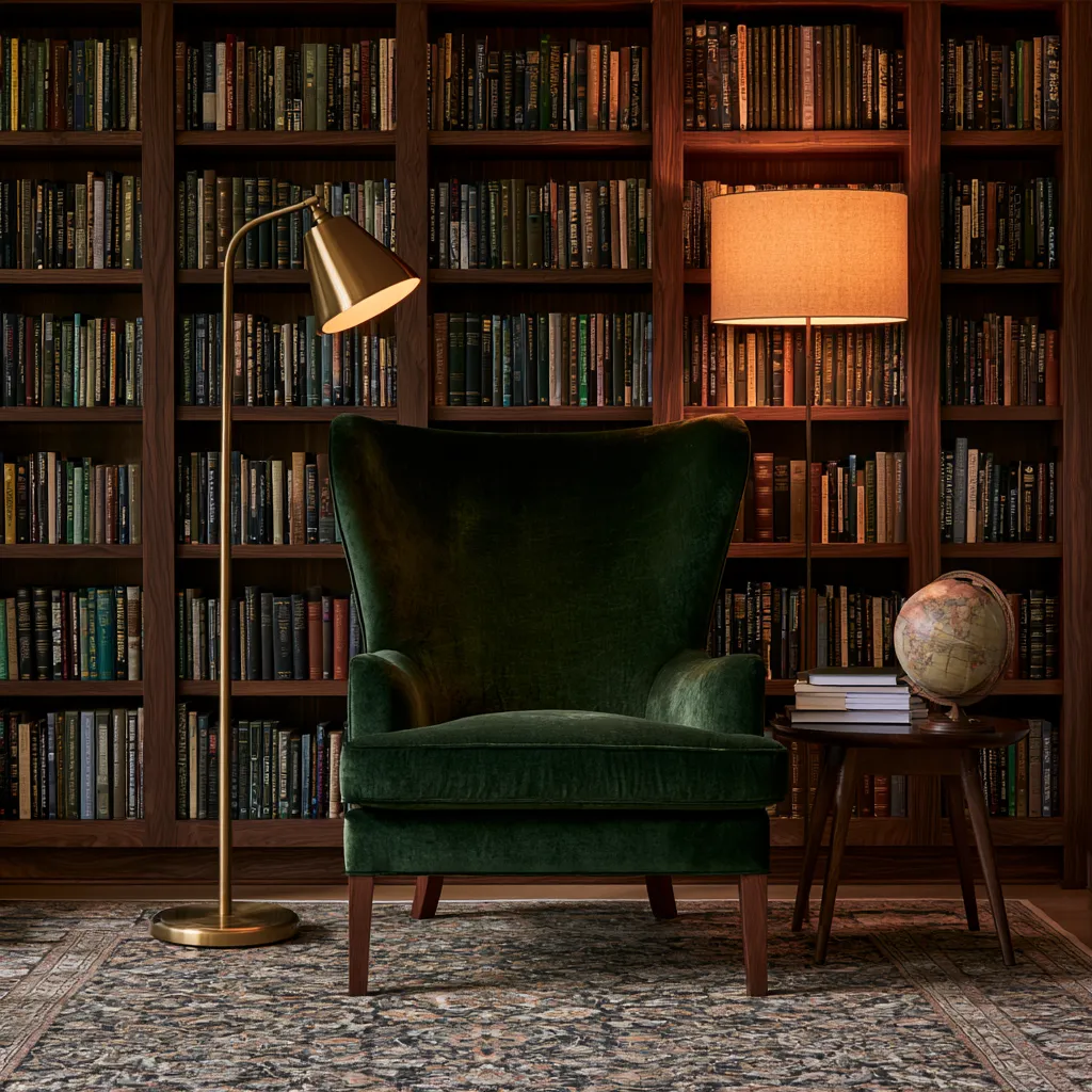 dark academia bedroom ideas reading nook wingback velvet walnut shelving