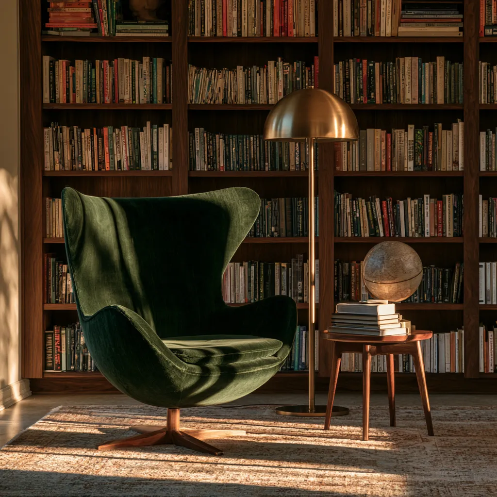 dark academia bedroom corner velvet wingback chair walnut bookshelves brass lamp