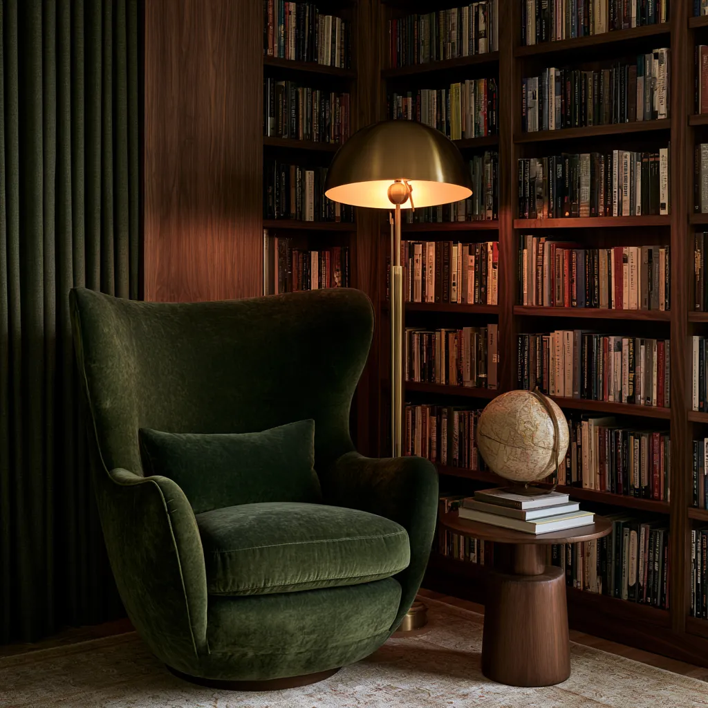 dark academia aesthetic bedroom reading corner green velvet floor lamp books