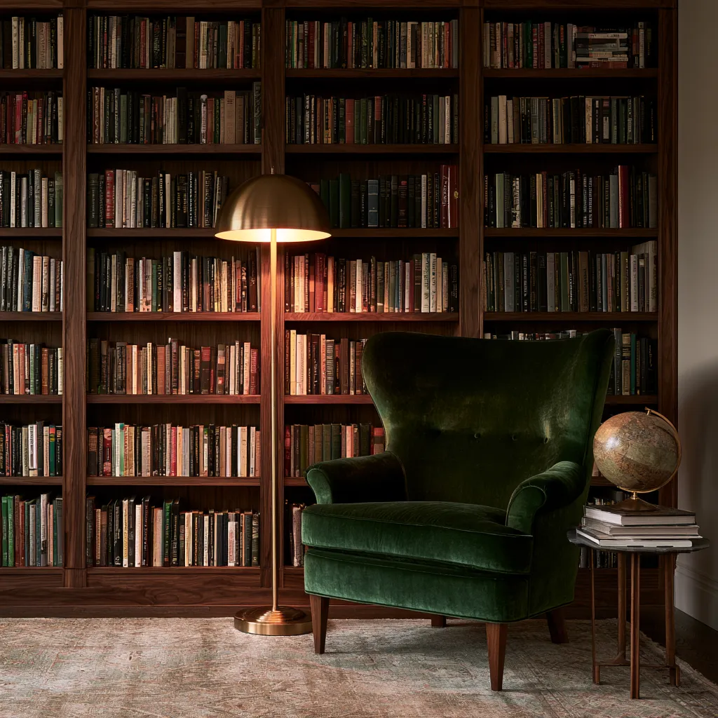 bedroom dark academia style velvet chair bookshelves warm light editorial