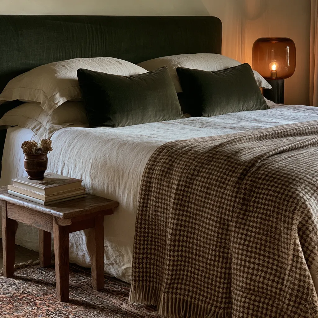 dark academia bedroom textile layering velvet cushions linen Persian rug