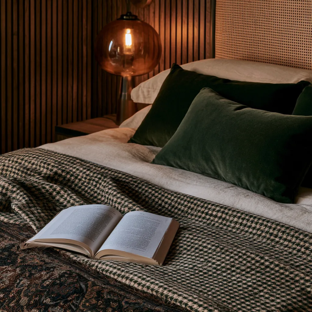 dark academia aesthetic bedroom bedding layers green velvet cream linen