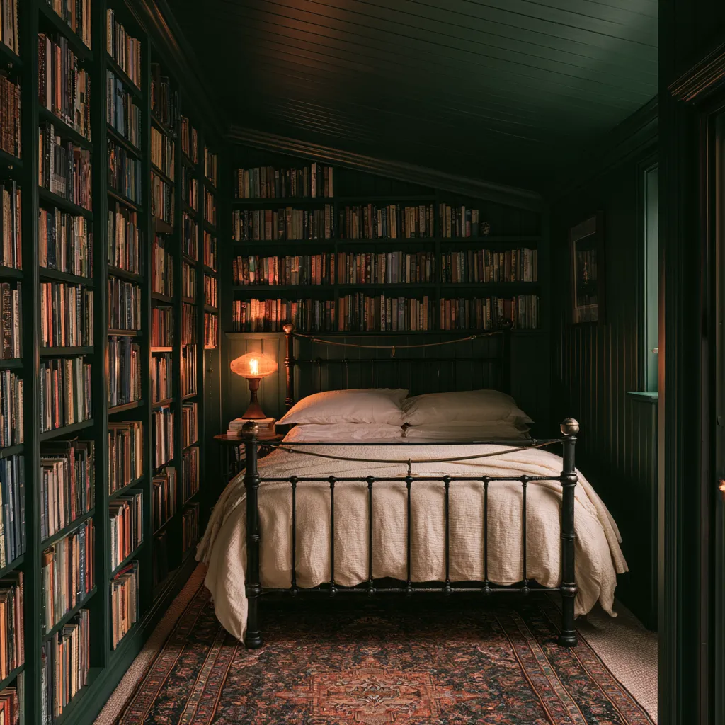 cosy dark academia aesthetic bedroom small space antique iron bed books