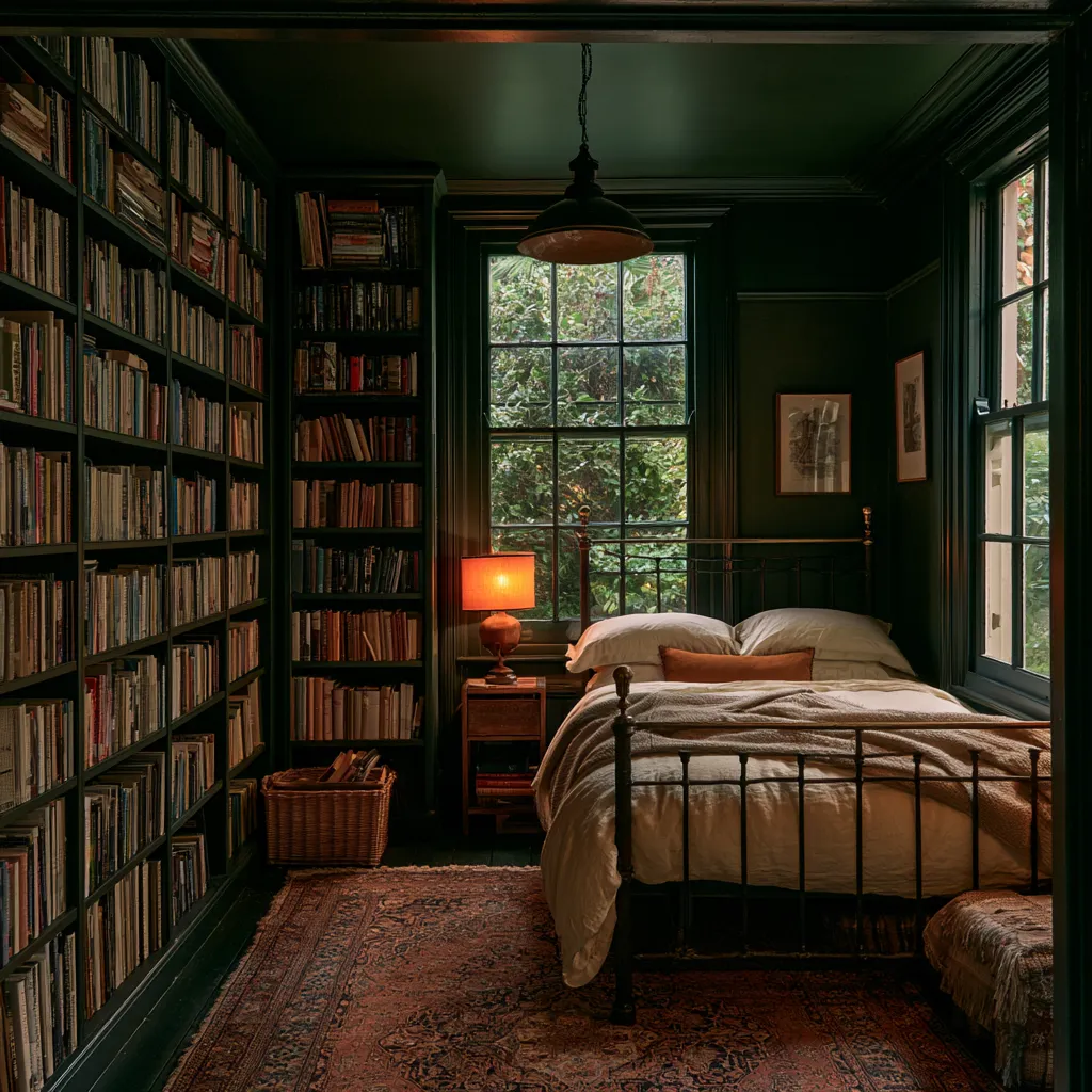 dark academia bedroom small room tall bookshelves cream linen amber light