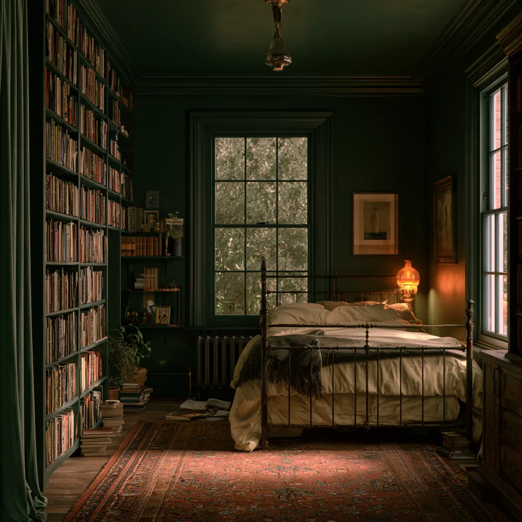 small dark academia bedroom aesthetic green walls ceiling bookshelves iron bed