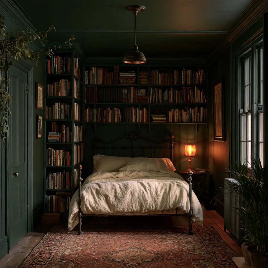 dark academia bedroom ideas small room floor to ceiling green walls Persian rug