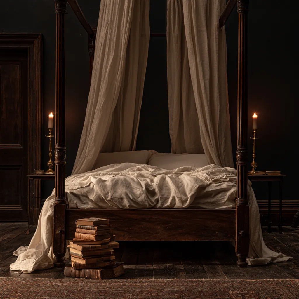 dark academia aesthetic bedroom ideas four poster canopy warm light