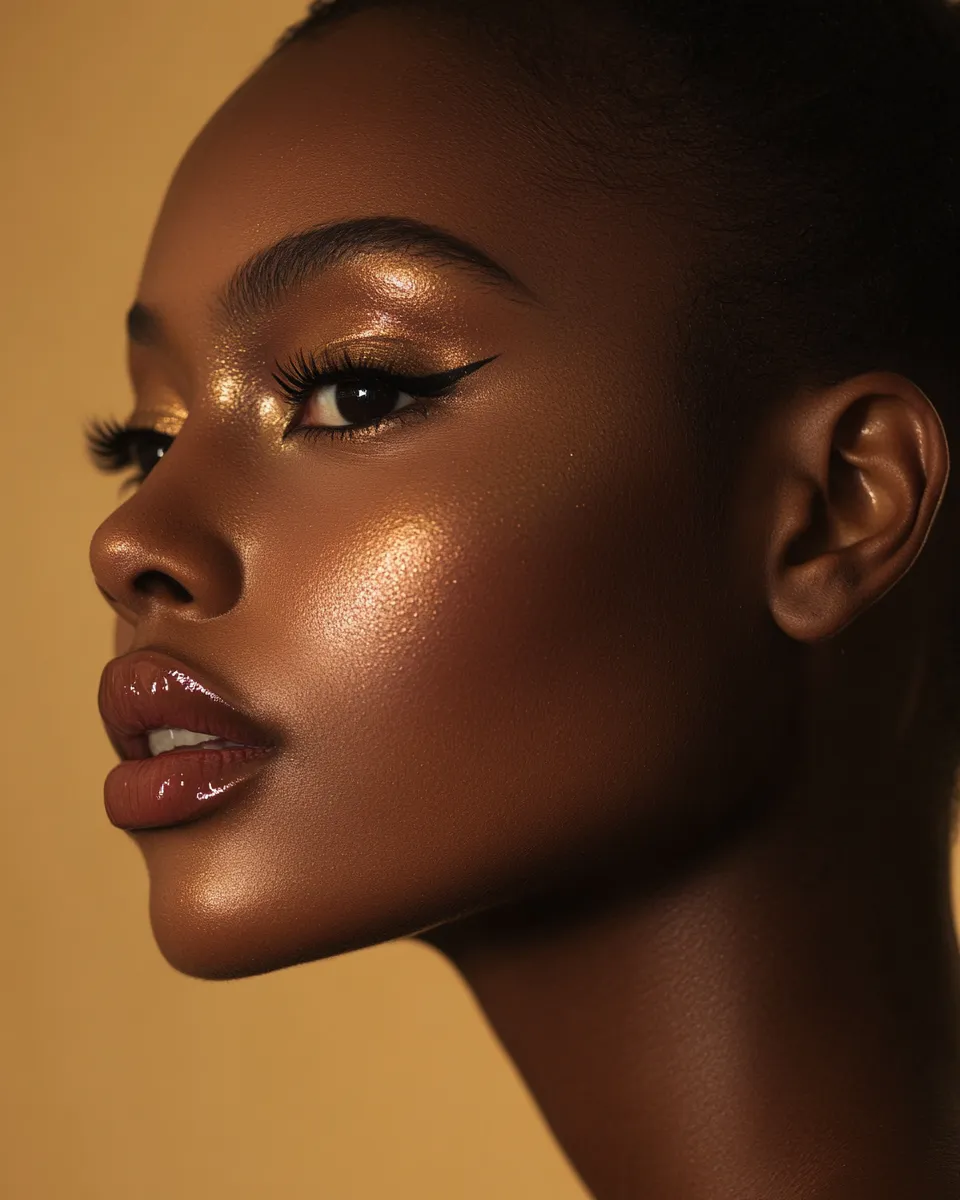 Editorial portrait of deep brown skin date night makeup with gold highlight warm eyes and rich lip done step by step