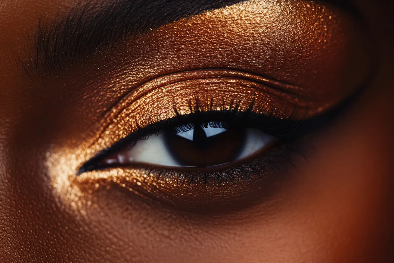 Macro close-up of brown skin eye makeup for date night with warm copper shadow and deep plum outer corner