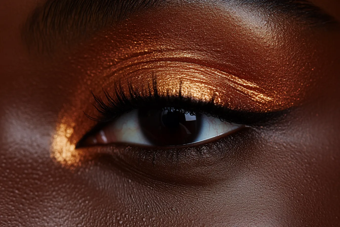 Editorial eye detail of date night makeup on brown skin step by step showing bronze lid and inner gold highlight