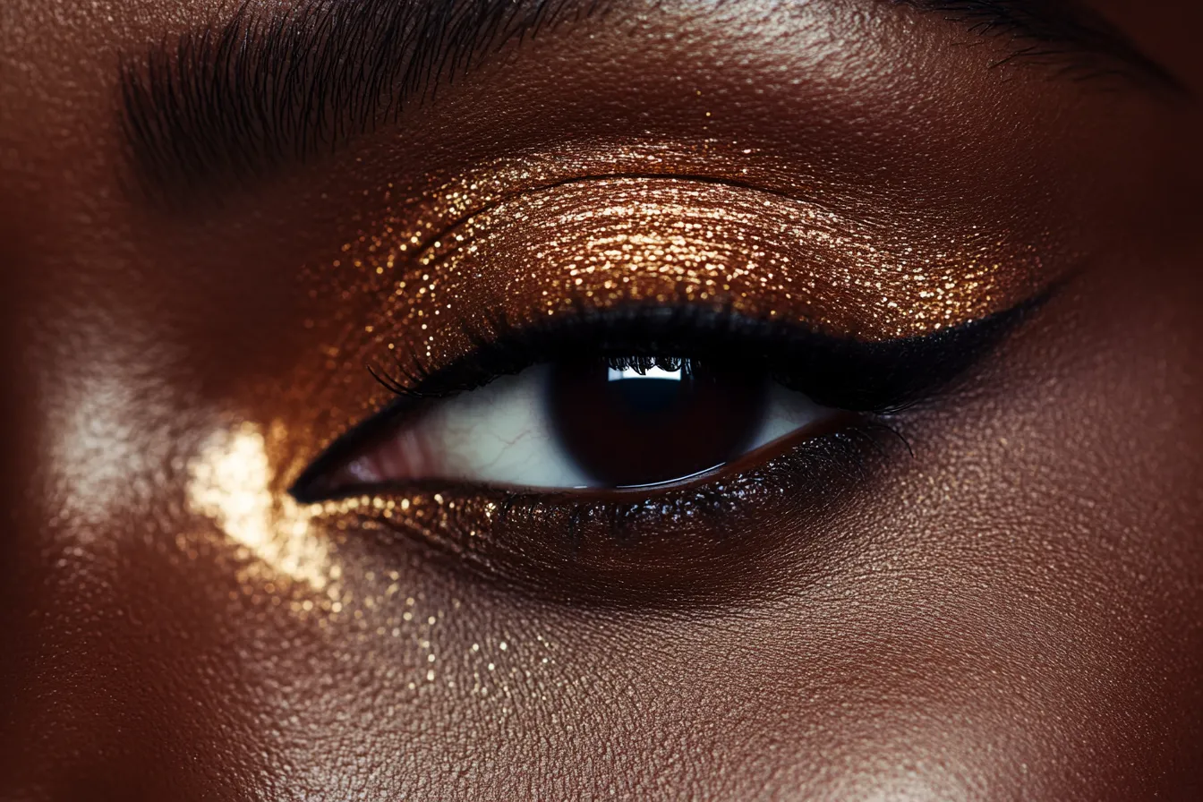 Close beauty shot of brown skin date night eye look with warm copper bronze shadow and lifted lashes step by step