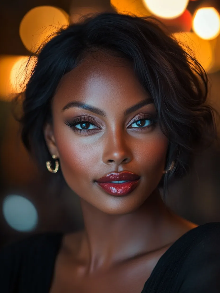 Editorial full face of brown skin date night makeup look done step by step with warm eyes blush and bold lip