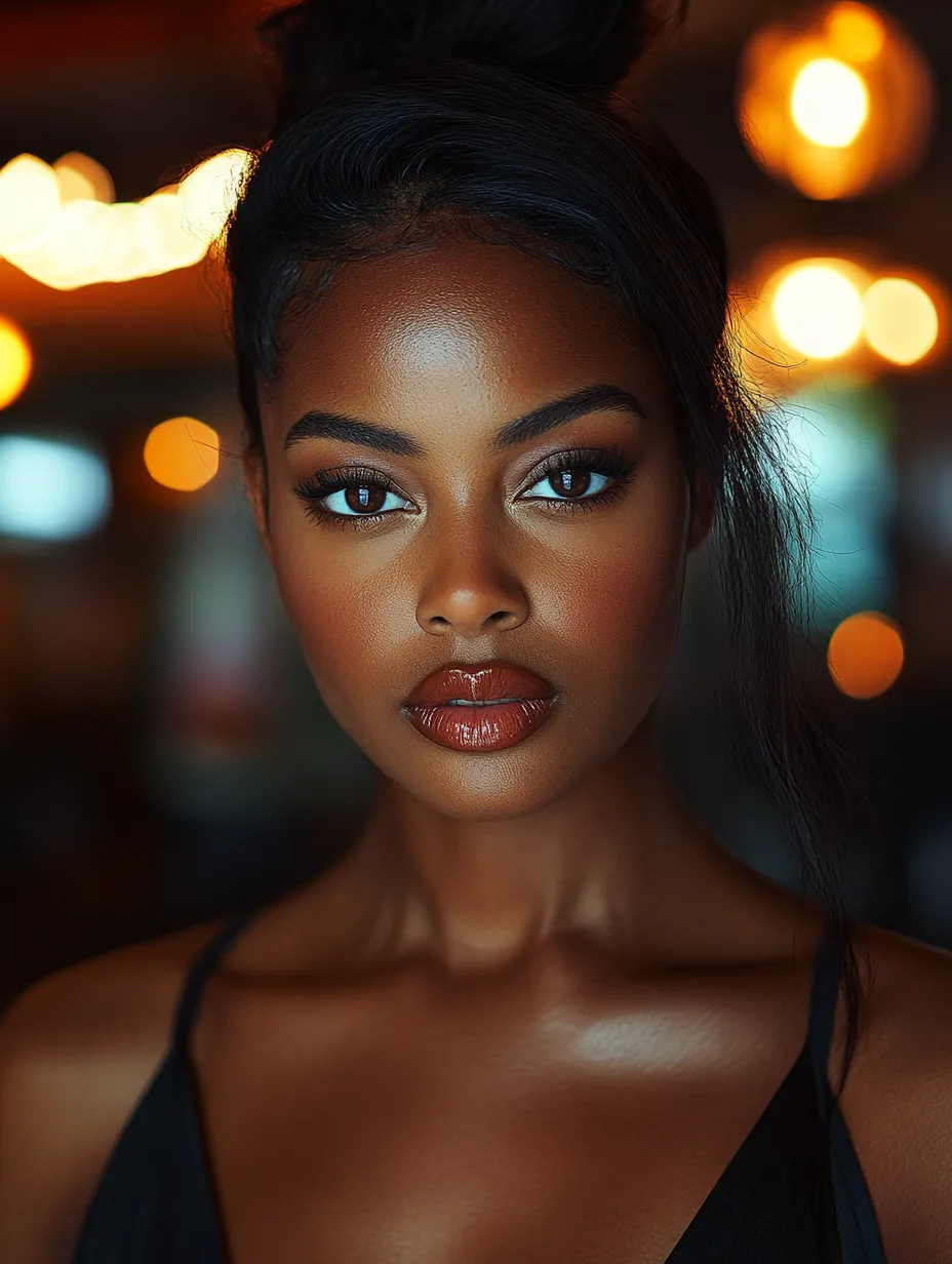 Beautiful woman with medium brown skin wearing complete step by step date night makeup look glowing in warm light