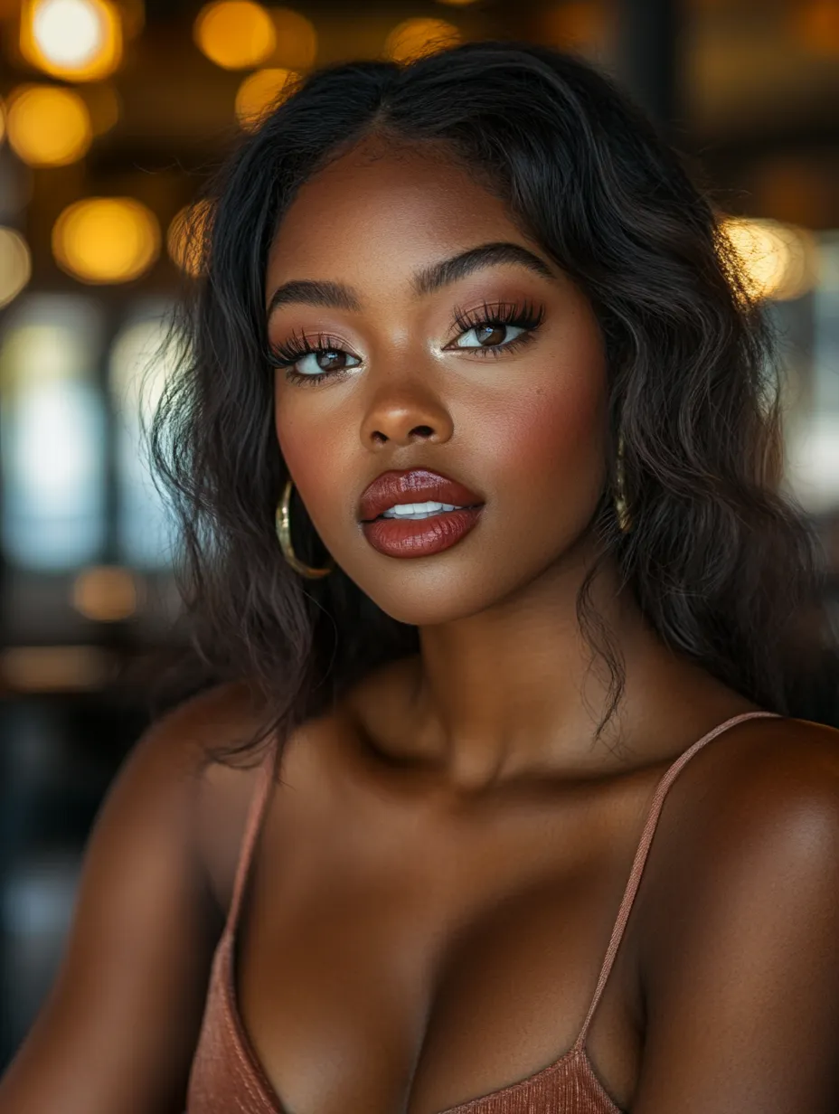 Full face portrait of Black woman with medium brown skin in complete date night makeup look step by step result