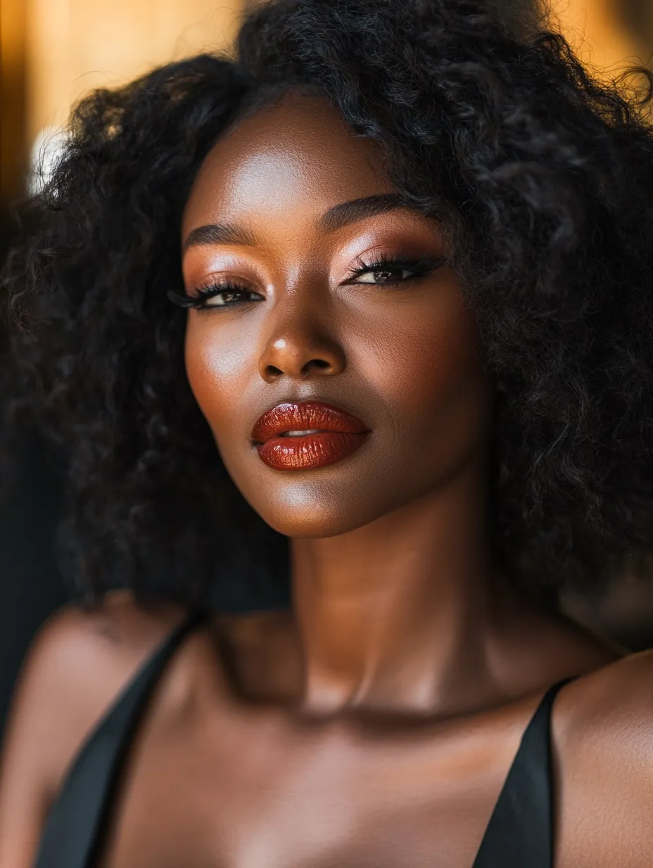 Real woman with warm brown skin showing finished date night makeup look step by step under warm evening light