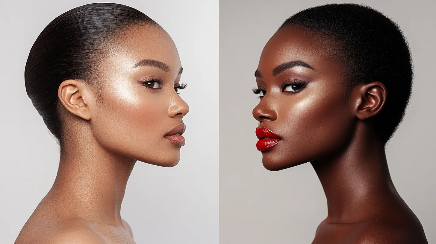 Side by side comparison before after of brown skin woman with step by step date night makeup look transformation