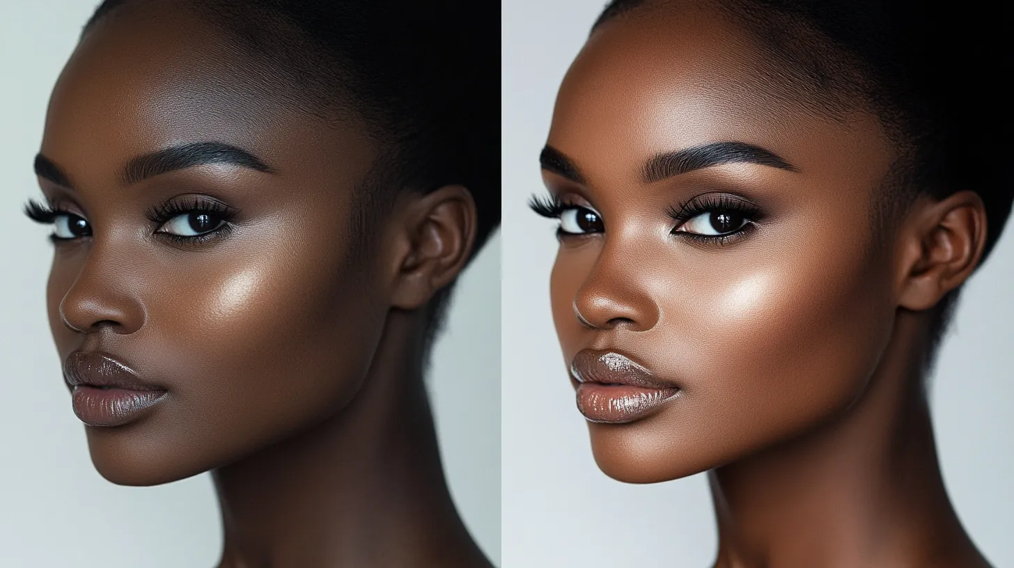 Before and after of date night makeup on brown skin step by step showing bare face and full glowing date night result