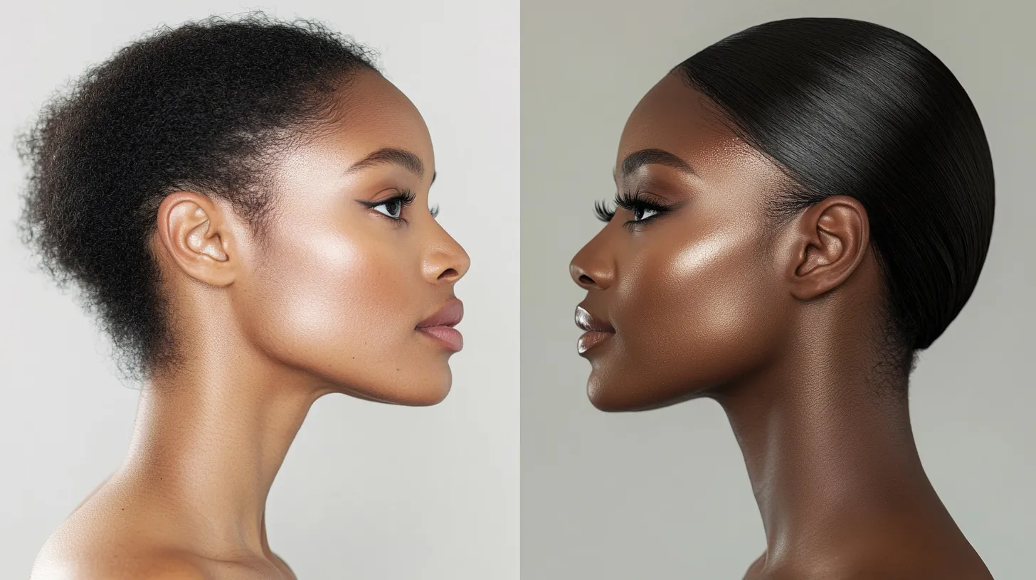 Split portrait before after of brown skin date night makeup look done step by step with dramatic transformation