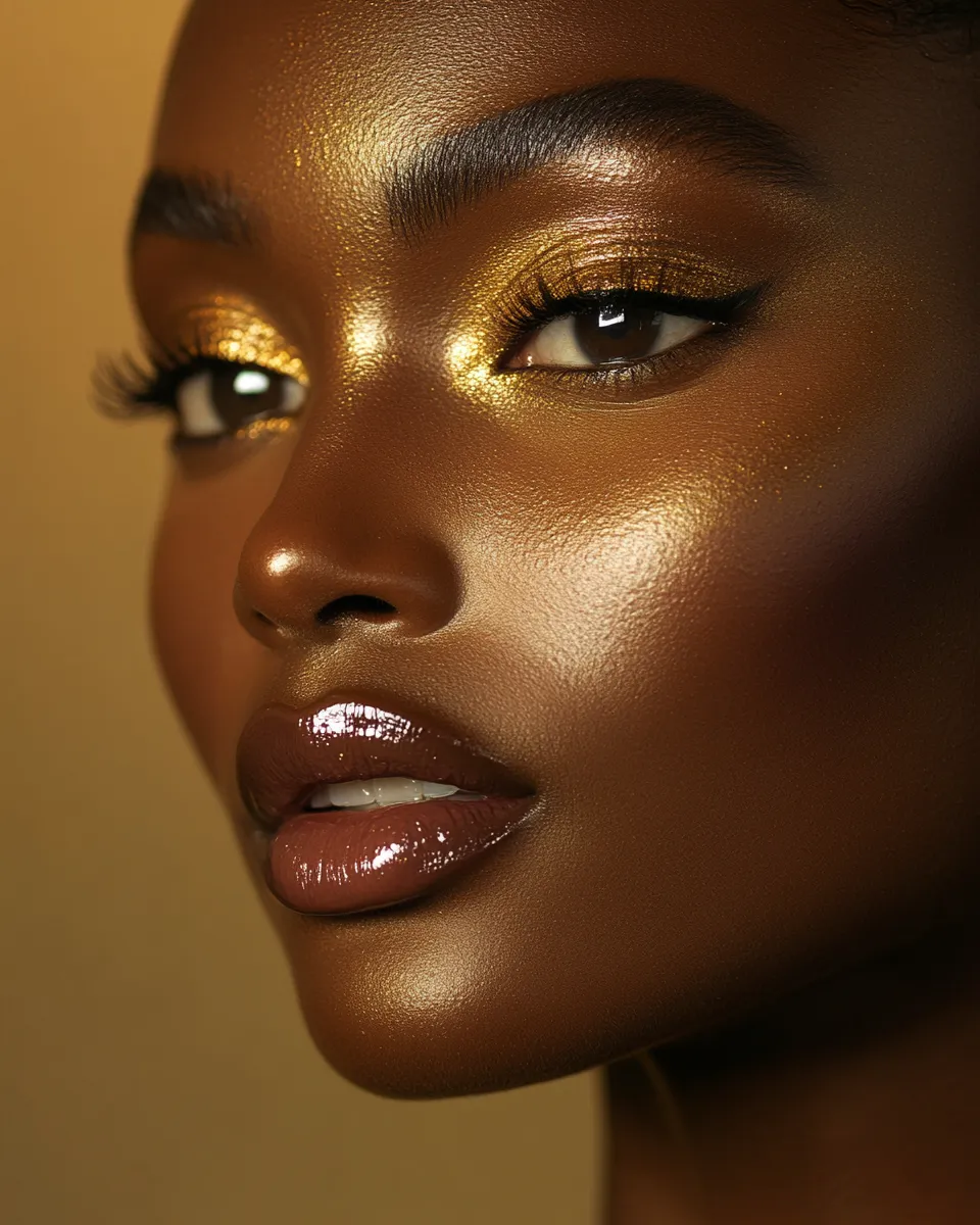 Woman with deep brown skin showing full date night makeup look step by step with luminous warm bronze glow overall