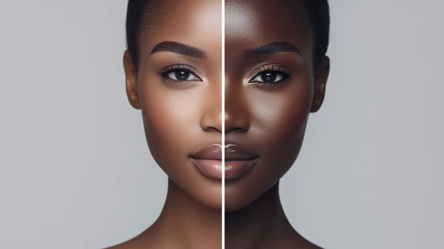 Editorial before and after showing date night makeup for brown skin applied step by step from bare to glowing