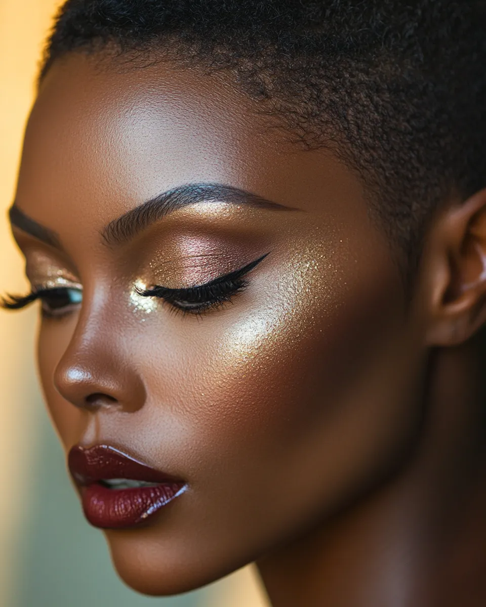 Black woman with deep brown skin wearing date night makeup step by step with gold highlighter and berry lip glowing