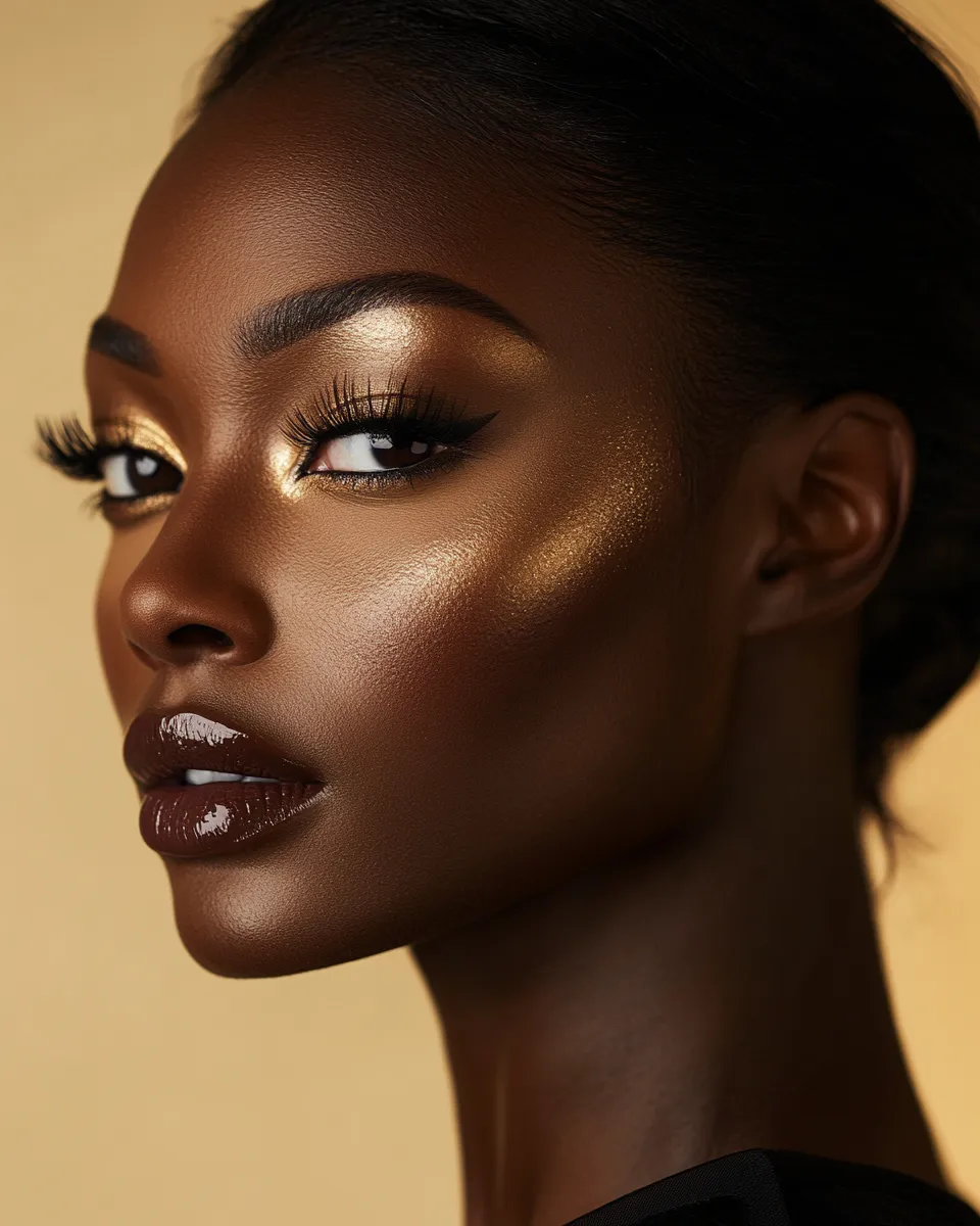 Real woman with rich brown skin in date night makeup look step by step with warm glow and luminous cheekbones