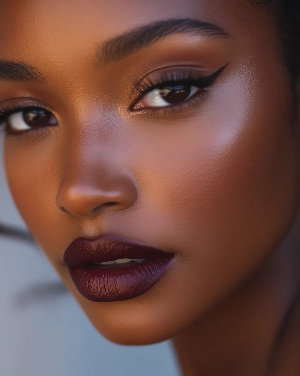 Black woman with brown skin wearing complete date night makeup look step by step with deep berry lip and bronze eyes