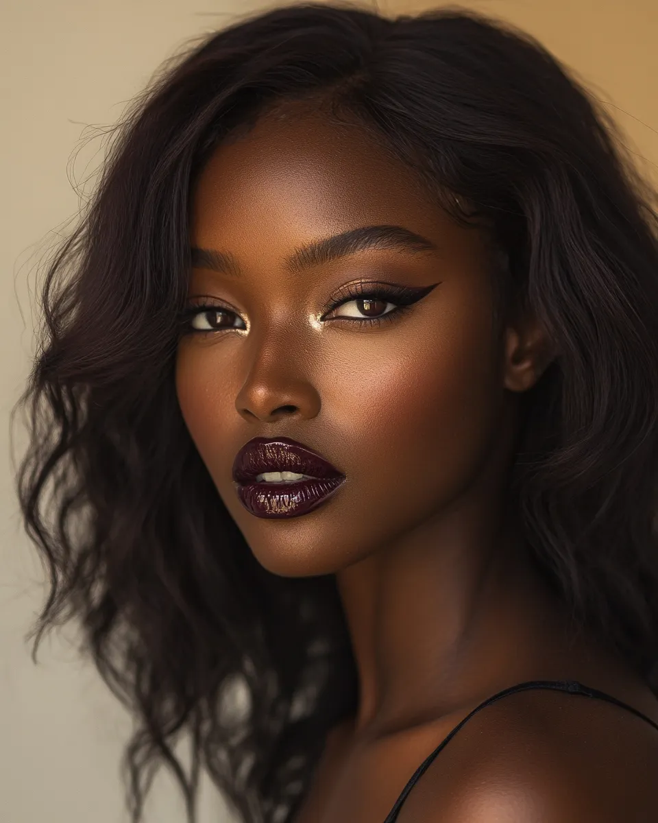 Editorial portrait of brown skin date night makeup look done step by step with luminous base and rich lip color