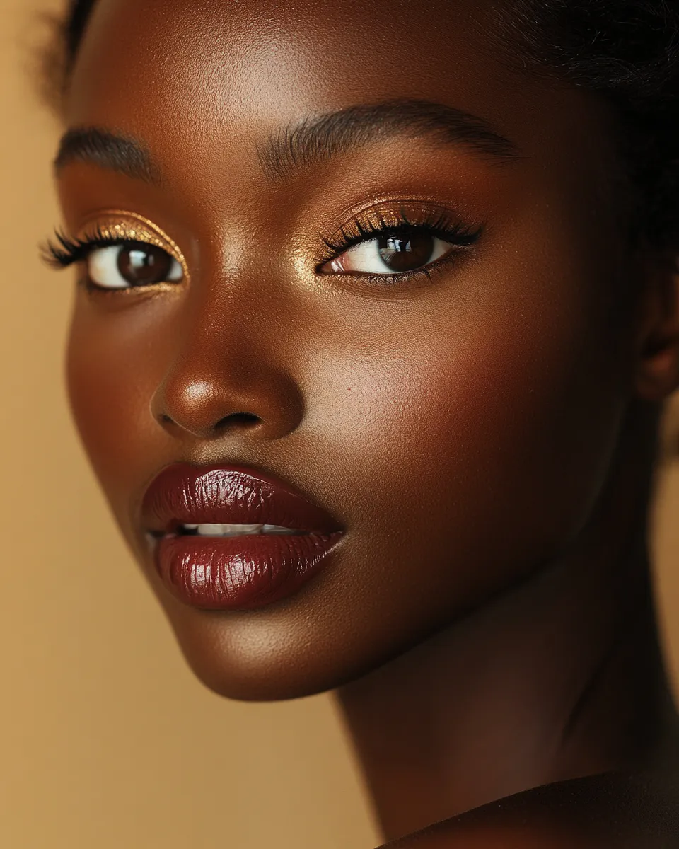 Confident woman with deep brown skin in step by step date night makeup look with warm bronze eyes and berry lip