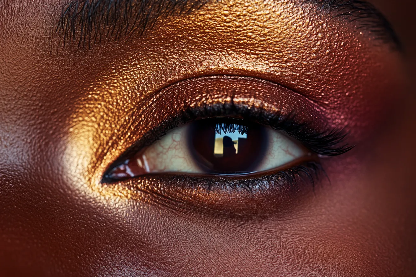 Ultra close detail of date night makeup eye look for brown skin with plum outer corner and gold inner highlight