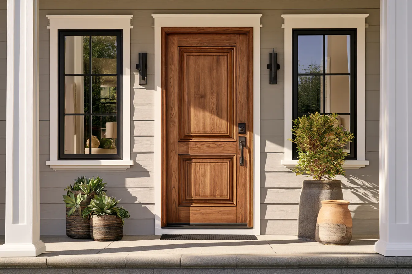 solid wood front door design ideas with hand-carved panel detailing and warm grain