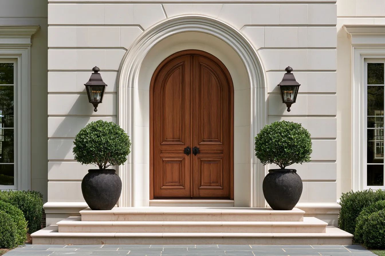 architectural close-up of creative front door design ideas featuring warm wood and glass