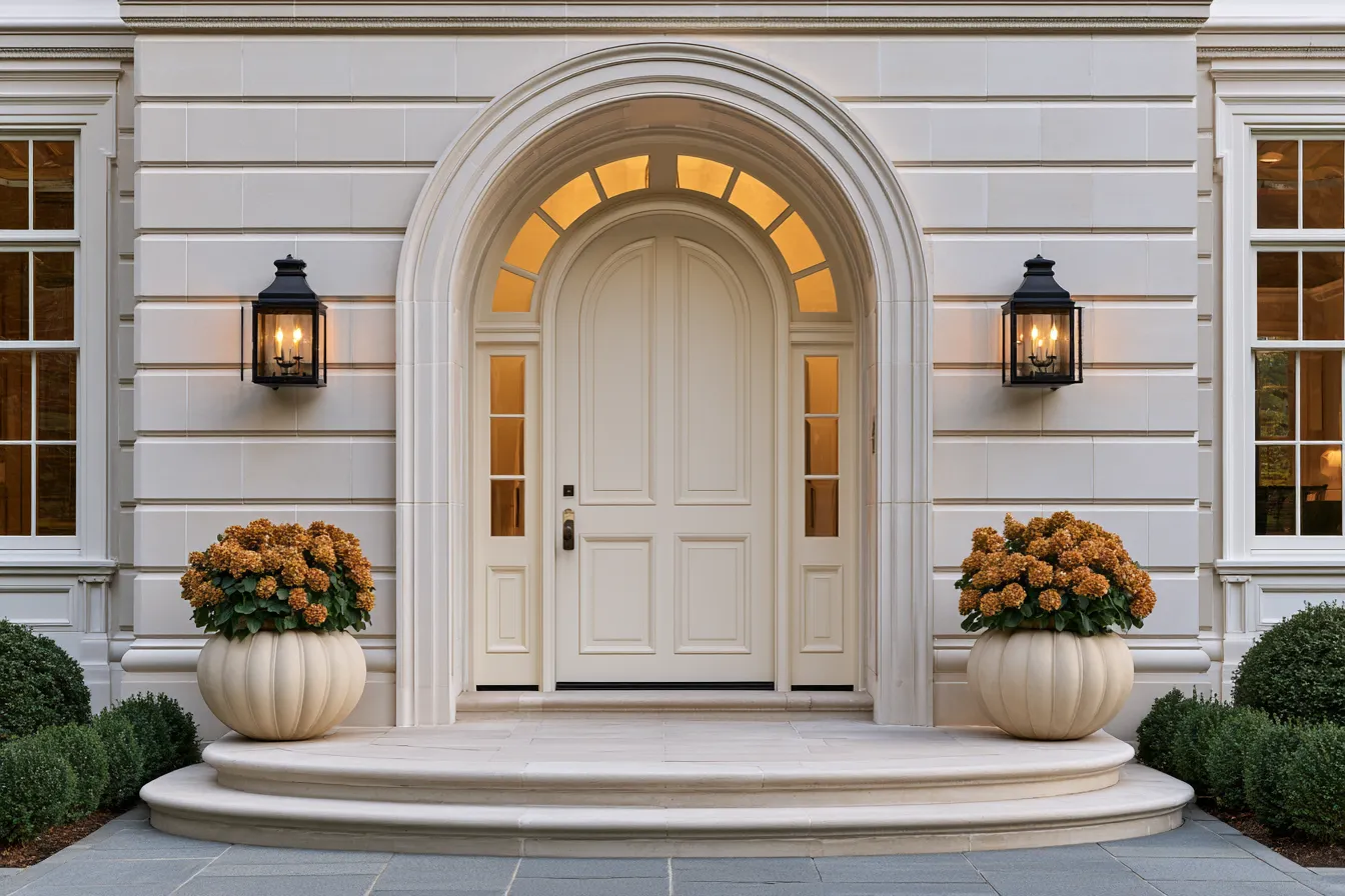 inspiring home entrance door design ideas with double-height frame and landscaped approach