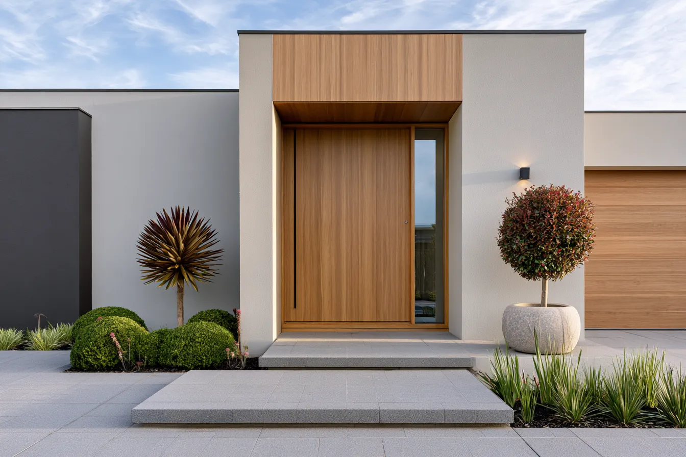 front door design ideas with sleek panel detailing and brushed metal hardware