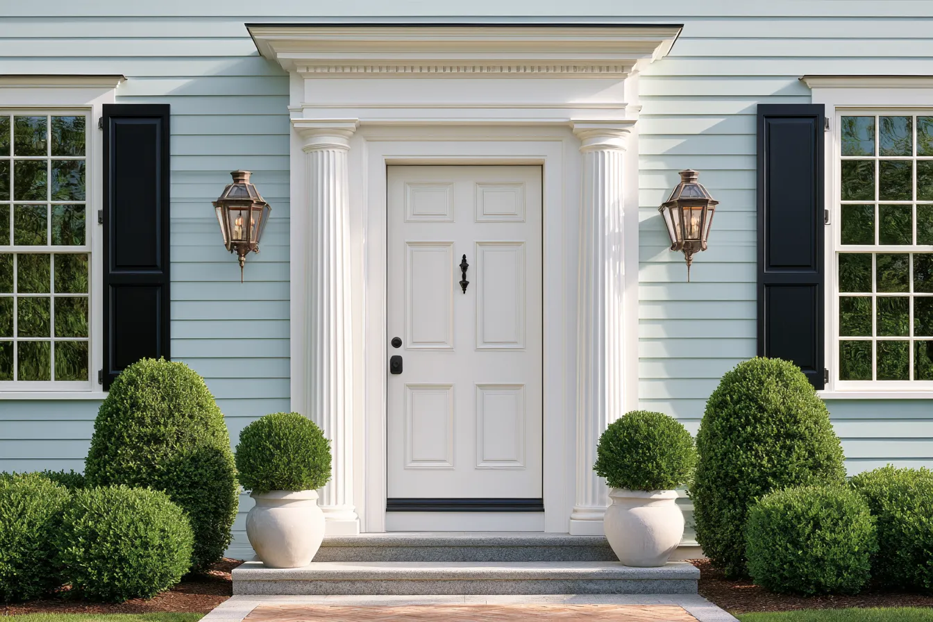 exterior door casing design ideas featuring layered white wood molding and sidelights