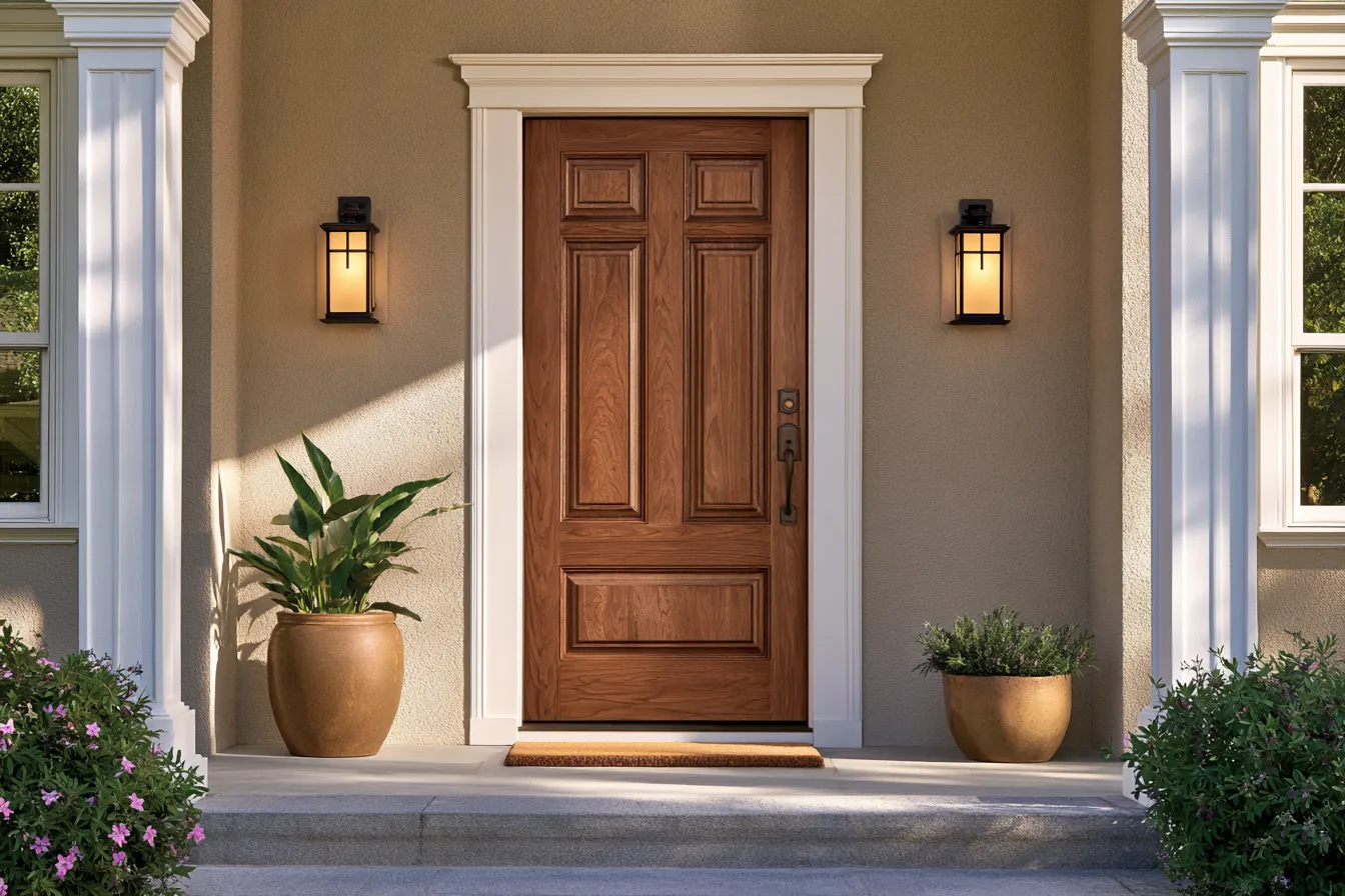 exterior wood door design ideas with geometric carved surface in soft architectural lighting