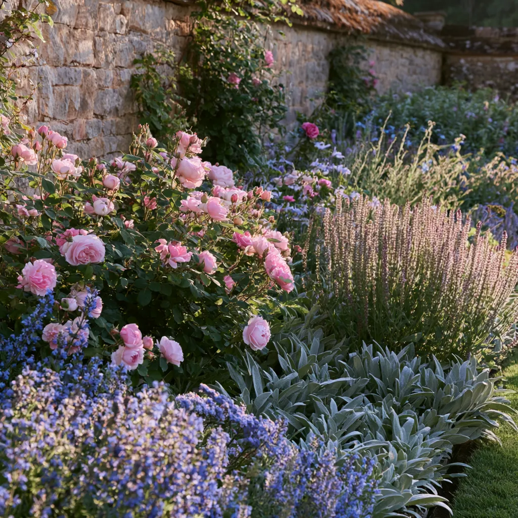 English cottage garden planting plan in pink blue and silver with Rosa Gertrude Jekyll salvia and stachys border