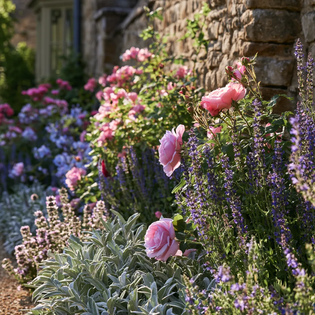 Cottage garden colour palette ideas with pink roses blue salvia and silver lamb's ears along stone wall