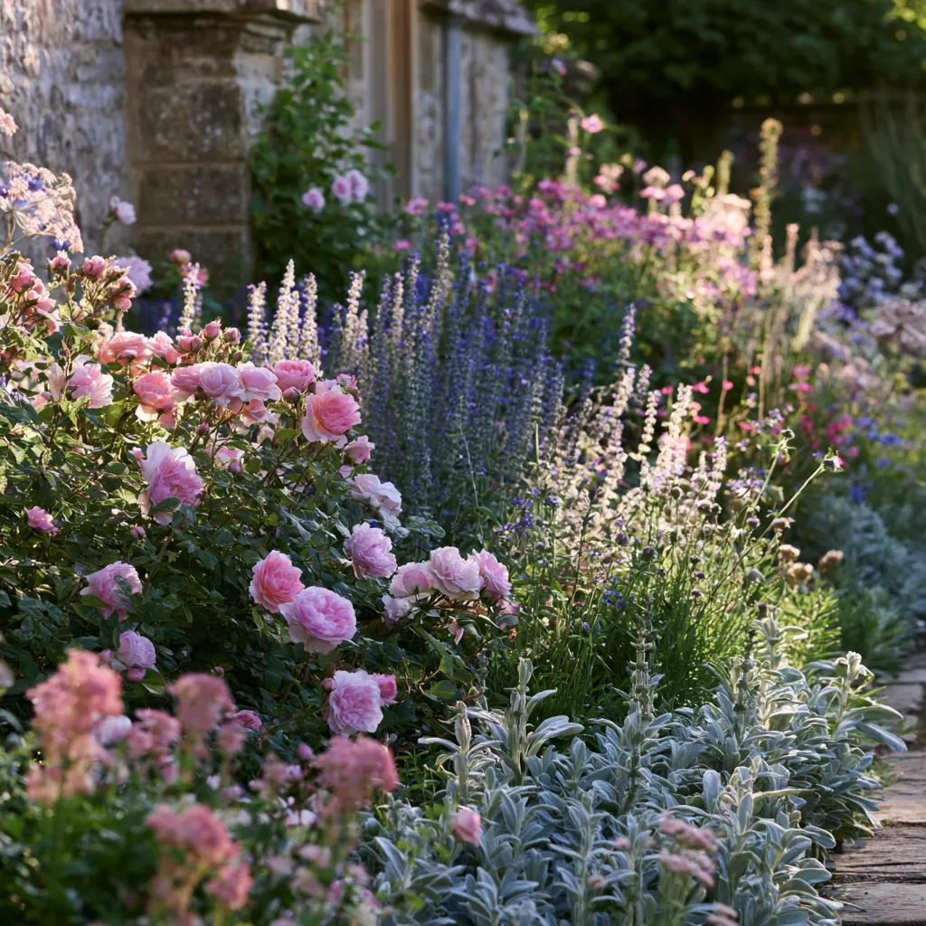 Classic English garden border design with pink rose blue salvia planting plan in summer morning light