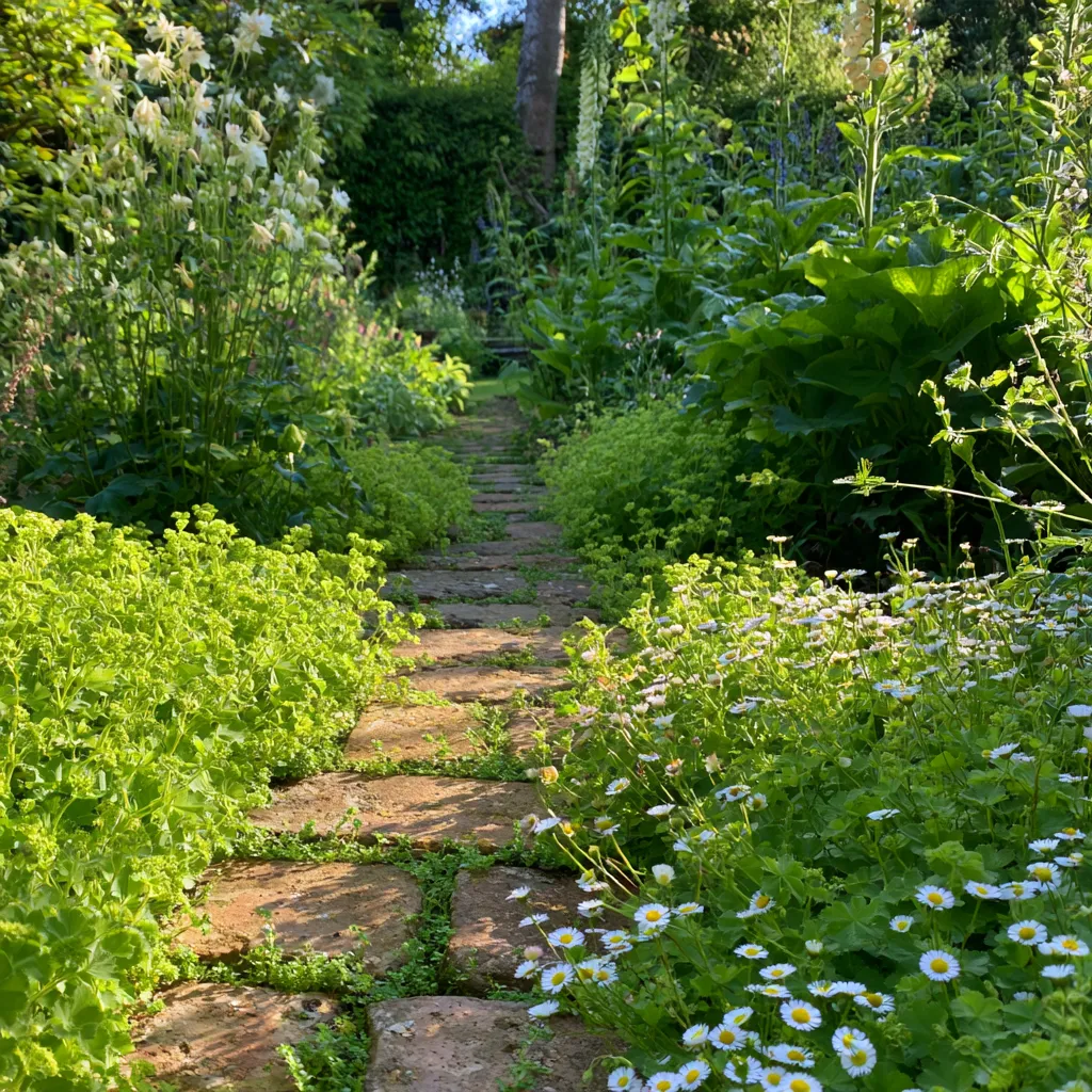 Cottage garden design idea with self-seeding plants growing between reclaimed brick path and overflowing borders