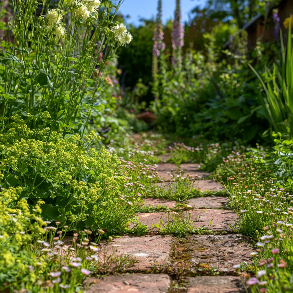 Traditional English garden path with naturalised self-seeding alchemilla erigeron and aquilegia in May