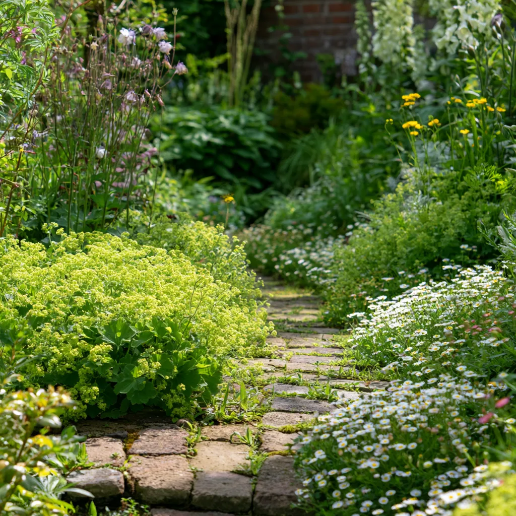 Cottage garden planting plan showing self-seeding border overflow with Lady's mantle and daisy between path stones