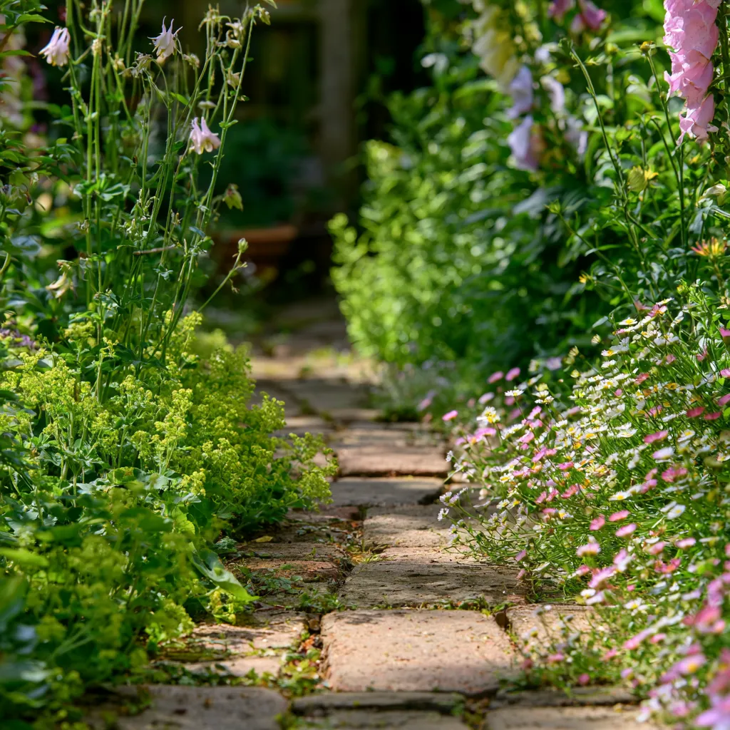 English cottage garden path with Alchemilla and Erigeron self-seeding between brick stones in naturalistic planting plan