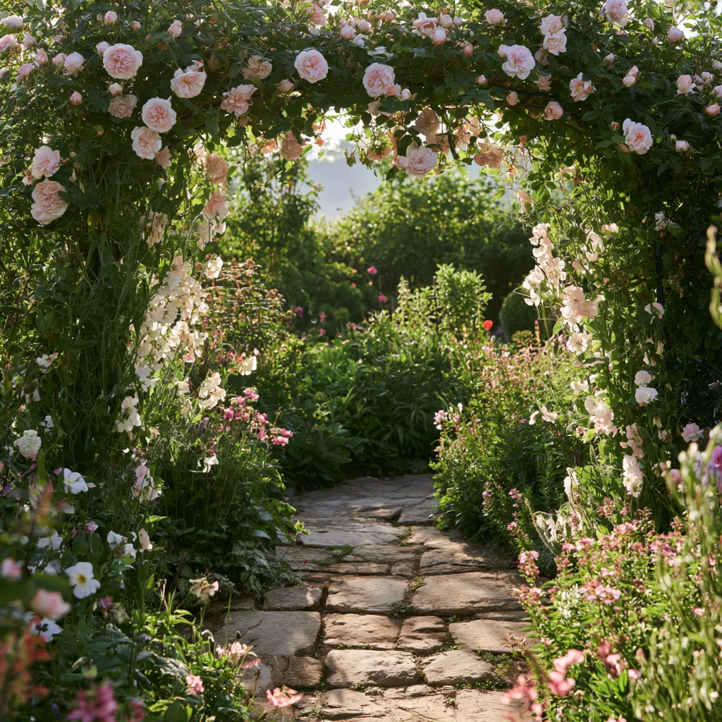 Cottage garden climbing plants design with pale pink rose and sweet peas on timber arch above path