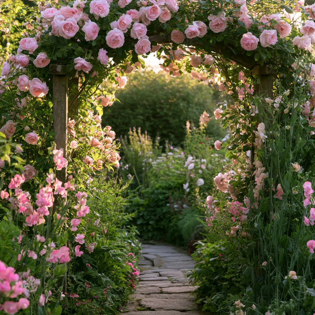 English cottage garden design with climbing rose arch and sweet peas over stone path in June morning light