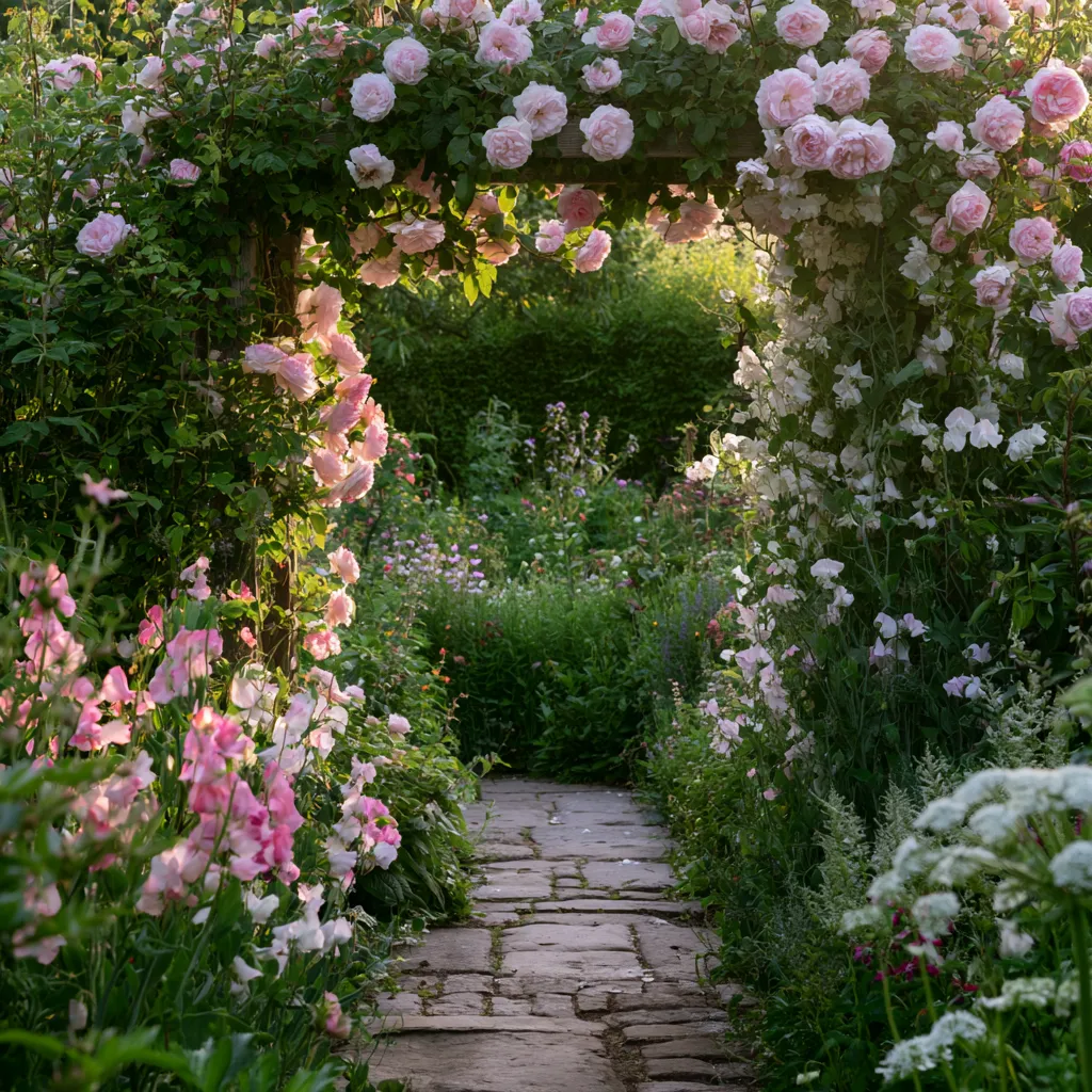 Cottage garden planting plan with timber rose arch Rosa Generous Gardener and mixed border beyond