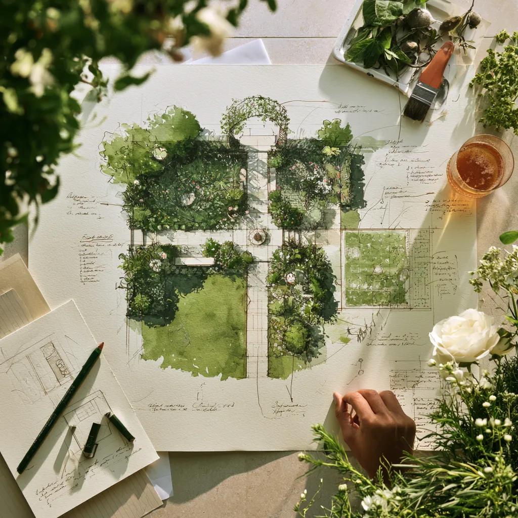 Garden design planning sketch for English cottage style showing border layout zones and circulation path